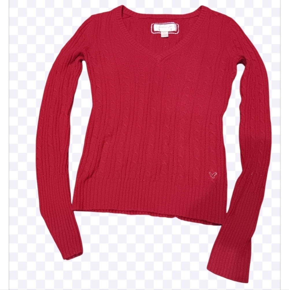 American Eagle Outfitters Red Cable Knit V-Neck Sweater